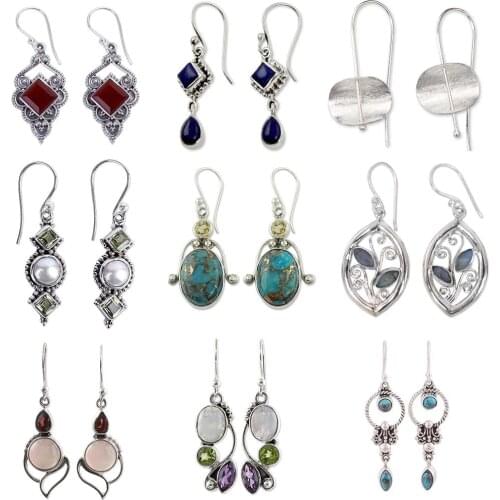 Vintage Women Hook Dangle Earrings Stone Moonstone CZ Silver Color Flower Leaf Geometric Drop Earring Boho Indian Jewelry DBE021