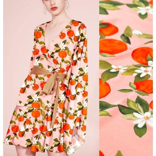 135CM Wide 19MM Orange Fruits Print 94% Silk & 6% Spandex Stretch Silk Satin Fabric for Summer Blouse Dress Pants Cheongsam J034