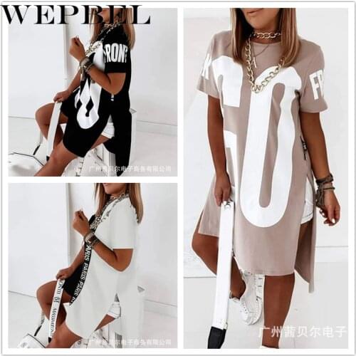 WEPBEL Women Casual Loose Letter Print Shirt Dress Ladies Plus Size Short Sleeve O Neck Mini Dress