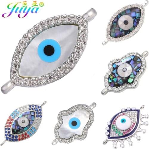 Juya DIY Needlework Jewelry Accessories Supplies Hamsa Pearl Shell Greek Evil Eye Charm Connectors For Bracelet Earrings Making