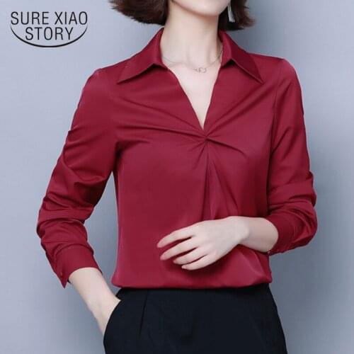Blouse women fashion 2019 autumn long sleeve vintage V-Neck Solid chiffon blouse ladies tops womens tops and blouses 7455 50
