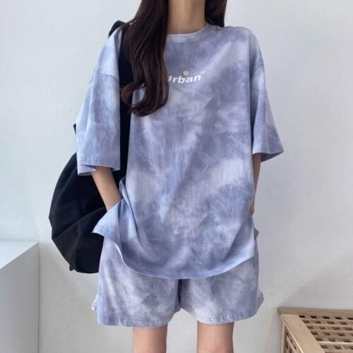 Purple Tie Dye Cotton Two Piece Sets Women Comfort 2021 Summer Harajuku Casual Tracksuit Plus Size Shorts Korean Fashion Teens