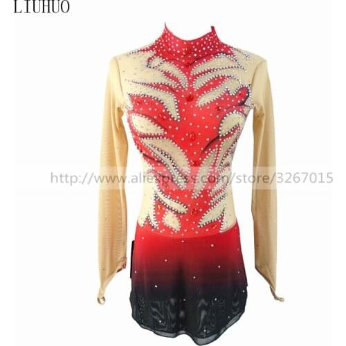 Figure Skating Dress Customized Competition Ice Skating Skirt for Girl Women Red flame collar long sleeve Rhythmic gymnastics
