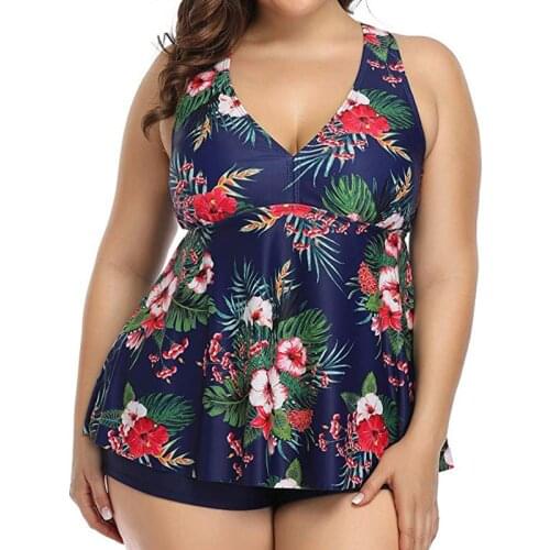 Plus Size 5XL Swimsuit Tankini Set Swimwear Women Swim 2 Piece Print Bathing Suit Beachwear Swimdress