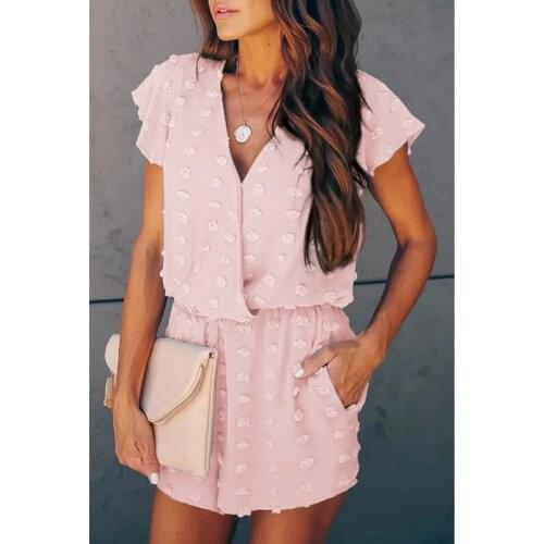 2021 Summer Womens Dot Jumpsuit Casual Comfy Short Sleeve Sets V-Neck Beach Summer Rompers Pure Color Chic Playsuit Streetwear