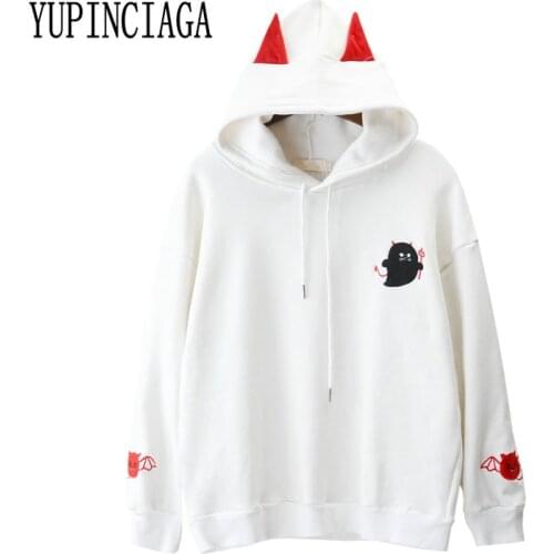 YUPINCIAGA Women Spring New Cartoon Devil Embroidered Loose Hooded Pullovers With Horns Harajuku Female White Black Hoodies