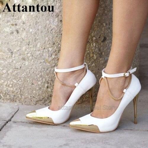 Pure White Leather Women Spring Autumn High Heel Dress Shoes Pointy Toe Ankle Straps Stiletto Heeled With Metal Chains Pumps