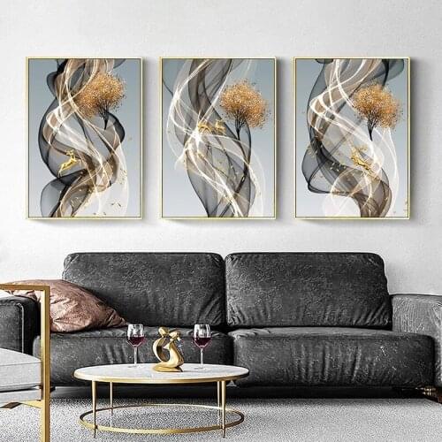 Gold Line Luxury Canvas Painting Nordic Home Decor Wall Art Deer Poster And Print Abstract Minimalist Art For Living Room Design