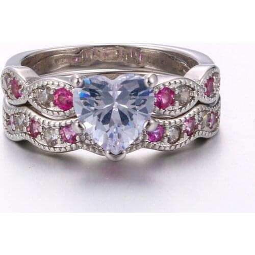 2 pcs/set Fashion Women Rings Set Elegant Heart Crystal Rhinestones Rings For Women Accessories Jewelry Wedding Engagement Gift
