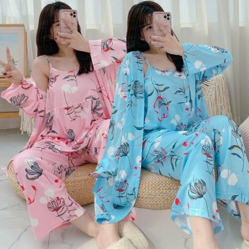 3PCS Sexy Robes Pajama Sets for Women 2021 Spring Long Sleeve Floral Print Sleepwear Pyjamas Homewear Pijama Mujer Home Clothes