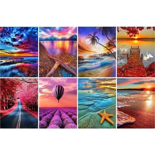 5D Diamond Painting by Number Seaside Scenery Full Square Drill Diamond Embroidery Picture Rhinestone Sunset Mosaic Wall Decor