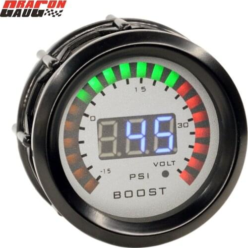 Dragon 52mm Black Shell Auto Car Turbine Turbo Digital Dual Display Boost Gauge -15~ 45 Psi And 8-18 Voltage Meter