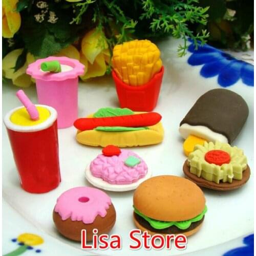 FreeShip 100pcs Creative 3D Hamburgar Chips Coka Cola Cakes Food Erasers 3D Rubber Pencil Eraser Xmas Gift Cable Winder