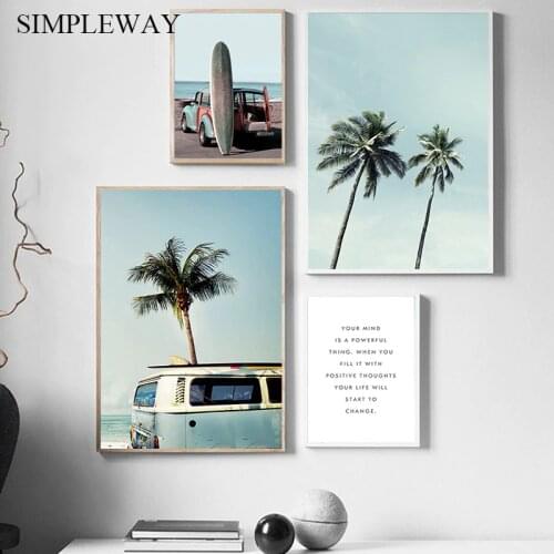 Surfboard Palm Tree Bus Landscape Poster Tropical Ocean Decoration Print Wall Art Canvas Painting Nordic Picture Home Decor