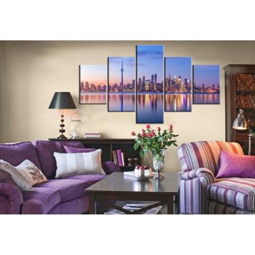 Canvas Wall Art Pictures Frame 5 Pieces Modern City Toronto Skyline with Purple Light Painting Cityscape Live Room Print Posters