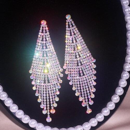 Classic Crystal Earrings Long Tassel Drop Earrings for Women Shiny Full Rhinestone Big Dangle Earrings Wedding Jewelry Gifts