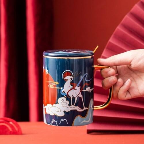 Chinese Style Coffee Mugs With Cover Spoon Ceramic Water Tea Cups Creative Drinkware