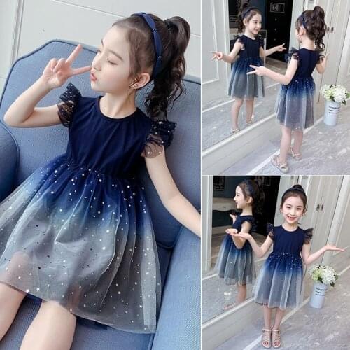 Summer Gradient Starry Sky Dresses 2021 New Kid Round Neck Clothes Little Girl Princess Dress Tide