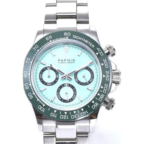 39mm PARNIS Green Dial Pure Sapphire Crystal Full Chronograph Quartz Mens Watch