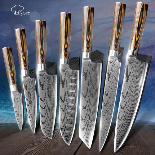 Kitchen knife Set Chef Knives Japanese Utility Paring 7CR17 440C High Carbon Stainless Steel Imitation Damascus Laser Knife