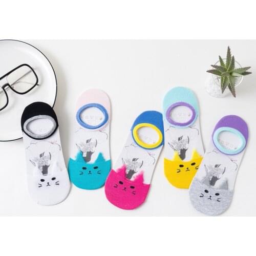 5 Pairs Summer Cartoon Cute Animal Cat Short Socks Funny Female Candy Color Crystal Silk Boat Socks Invisible Sock