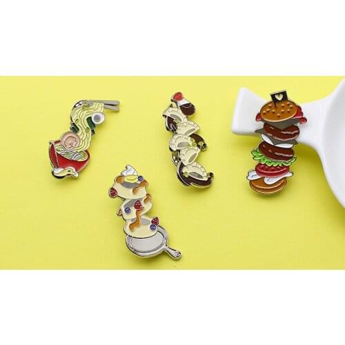 New cartoon creative pancake ramen dumpling burger food shape metal brooch trend cute fashion decoration pin