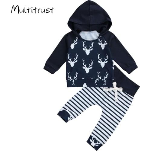 Toddler Baby Clothes Hooded Sweater + Trousers Chriatmas Clothes Elk Stripes Printing Drawstring Design Spring Clothing