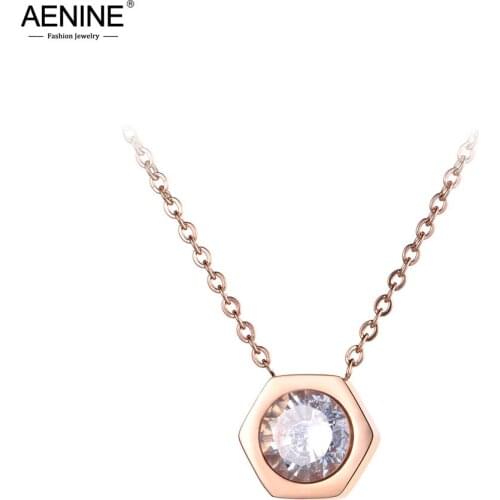 AENINE OL Style Hexagon Geometry Pendant Necklace Stainless Steel CZ Crystal Chokers Neckalce Jewelry For Women Girls AN19041