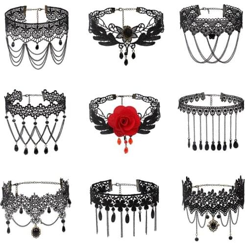 Gothic Black Lace Choker Necklaces for Women Fashion Fabric Flower Beads Tassel Round Collares Clavicle Chocker Jewelry R108