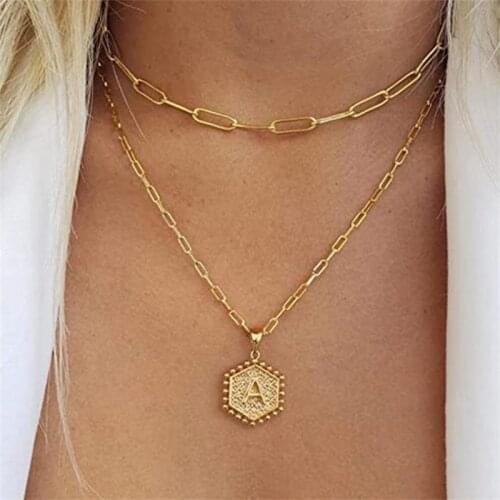 English Alphabet Necklaces Pendants Double Layer Hexagon Initials Name Capital Letter Necklace Long Charm Fashion Jewelry Gifts