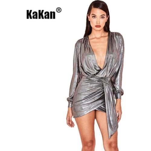 KaKan European and American Sexy Womens Pit Hot Stamping Dress Zipper Deep V-neck Sexy Irregular Dress