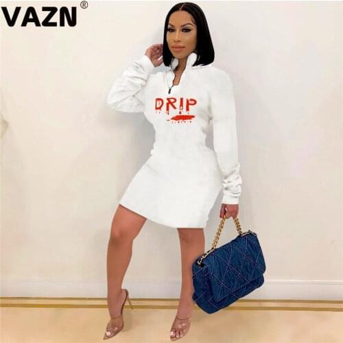 VAZN 2020 Hot Popular Nature Letter Simple Young Elegant Daily Overalls Free Fashion Full Sleeve Women Straight Mini Dress