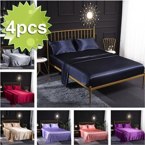 Satin Silk Bed Sheet Girls Bedding Set Queen Size Fitted Sheet Twin Mattress Cover King Luxury And Pillowcases White Pink 4pcs