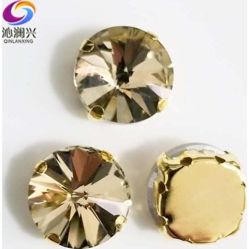 Light coffee round shape golden bottom AAA Glass Crystal sew on claw rhinestones with holes,Diy Clothing accessories SWRG04