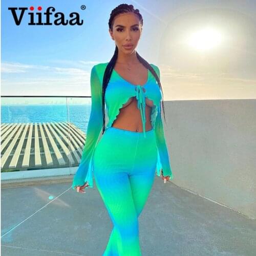 Viifaa Green and Blue Print Sexy Matching Couple Cutfits Women Tie Front Crop Top and Flare Pants Suit Fashion Two Piece Set