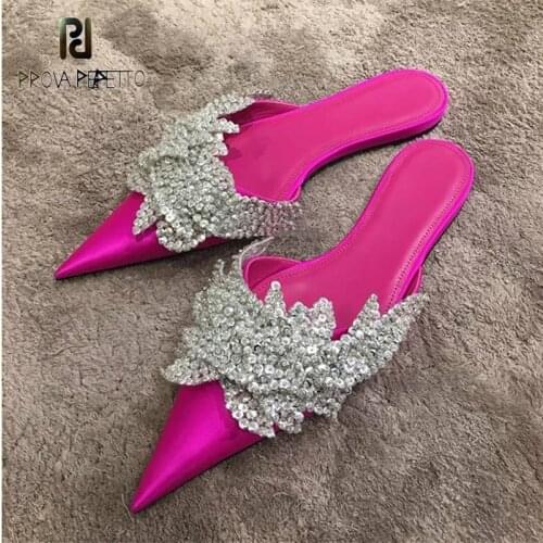 Luxury shiny crystal mueller shoes summer French pointed toe rose red and black satin catwalk flat half slippers women
