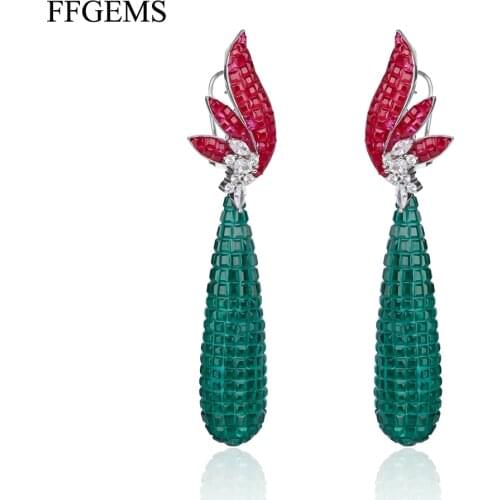 FFGems New Design 925 Silver Drop Big Earring Flower Created Nano Ruby Emerald Invisible Fine Jewelry Women Wedding Party Gift