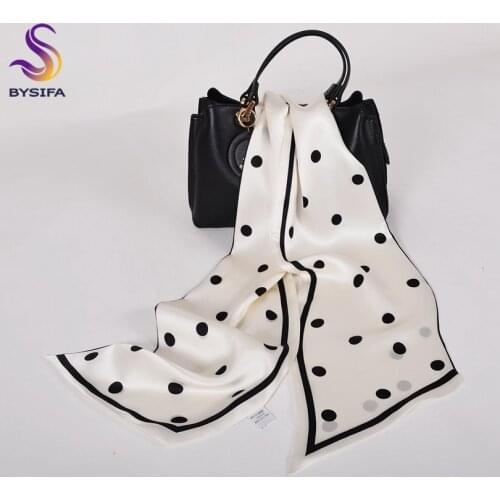 [BYSIFA] Black White Pollka Dot Silk Scarf Fashion Women Long Scarves Headscarve 100% Silk Spring Fall Scarf Neck Scarf 155*16cm