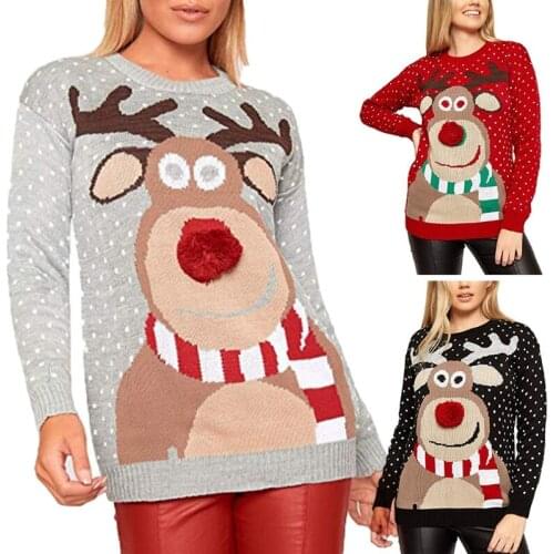 Women Winter Christmas Long Sleeve Sweater Cute Reindeer Print 3D Nose Pom Pom Pullover Tops O-Neck Loose Holiday Jumper