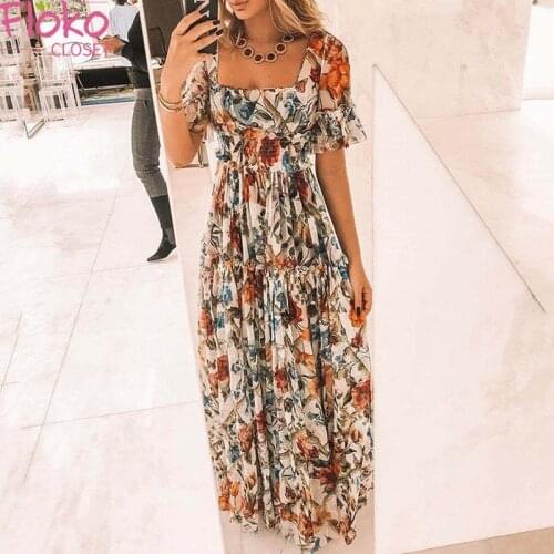 Flokocloset Summer Bohemian Print Maxi Dress for Women 2021 Casual Square Collar Design Short Sleeve Party Long Sundress