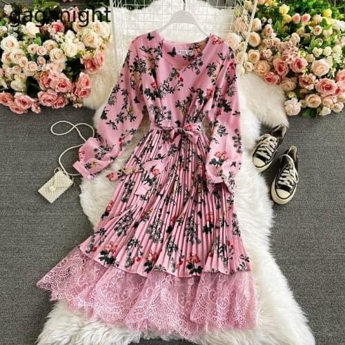 Gaganight Women Lace Parthwork Flower Swing Dress Long Sleeve V Neck Fashion Bodycon Party Dresses Female A Line Spring Vestidos