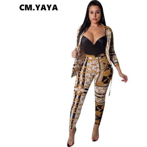 Women autumn full sleeve vintage paisley blazer coat top + skinny long pants two pieces set lady bodycon outfits suits L5258