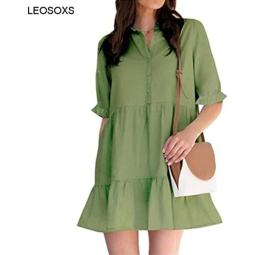Summer womens dress 2021 new tunic Bubble Sleeve Ruffle hem button casual Collared fashion Solid color A-line dresses
