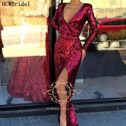 Burgundy Long Sleeve Evening Dress With Slit Shiny Sequin Formal Dresses For Women Plus Size Wedding Party Gowns Robe De Soiree