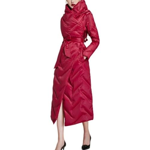 Winter High Grade Glossy Down Jacket Female 2021 Korean Keep Warm Parka Long Over The Knee Waist White Duck Down Women Clothing