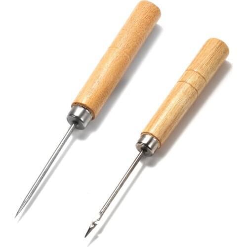 2Pcs Wooden Handle Metal Awl Hand Stitching Leather Bracelet Repair Tool Punch Sewing Needle Hook Tool for DIY Jewelry Making
