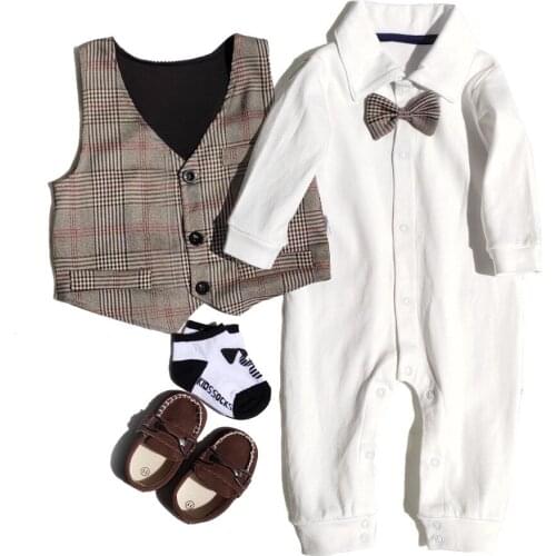 2021 Children Suit Baby Boys Clothes Newborn Tracksuit Formal Dresses Romper+Vest+Cravat 3Pieces Costumes For Children 0-2Y
