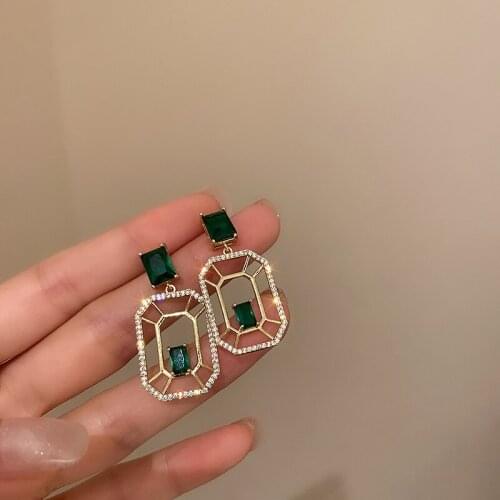 2021 New Arrival Zircon Inlaid Hollow Square Vintage Green Crystal Pendant Earrings for Women Girls Geometric Dangle Earrings