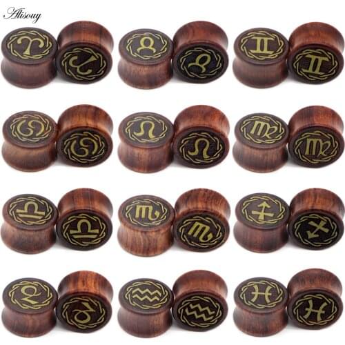 Alisouy 2PC Twelve constellations Wood Ear Plug & Tunnel Jewelry Piercing ear Expander Ear Guages 8-20mm Men Women Body Jewelry