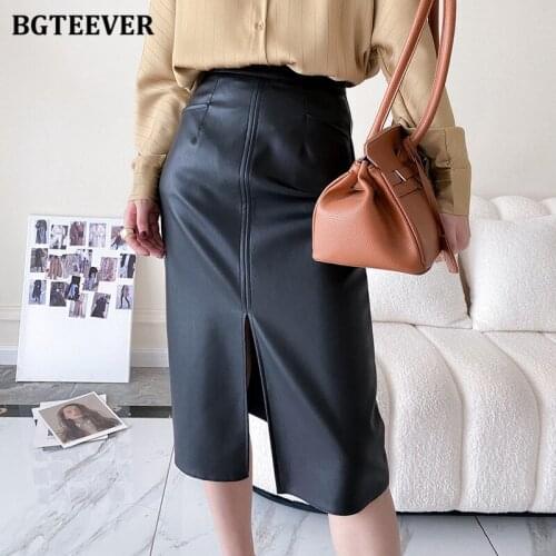 BGTEEVER Fashion Package Hip Women PU Leather Skirts 2021 Autumn Winter Elegant High Waist Split Women Midi Skirts